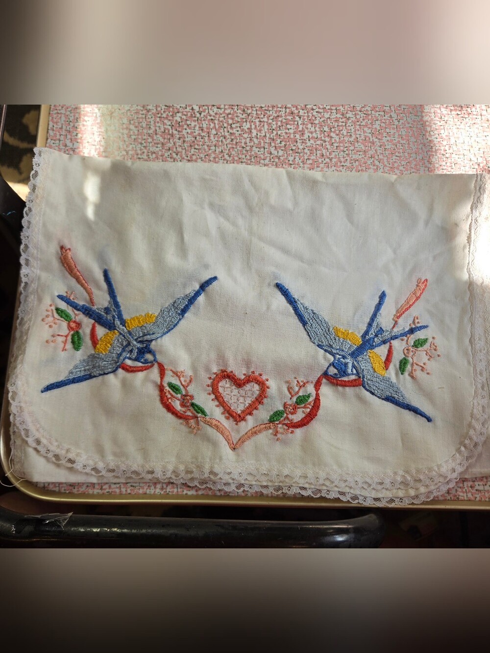 Vintage Hand Embroidered Linen Table Runner Bluebirds Heart Lace Trim Cottage